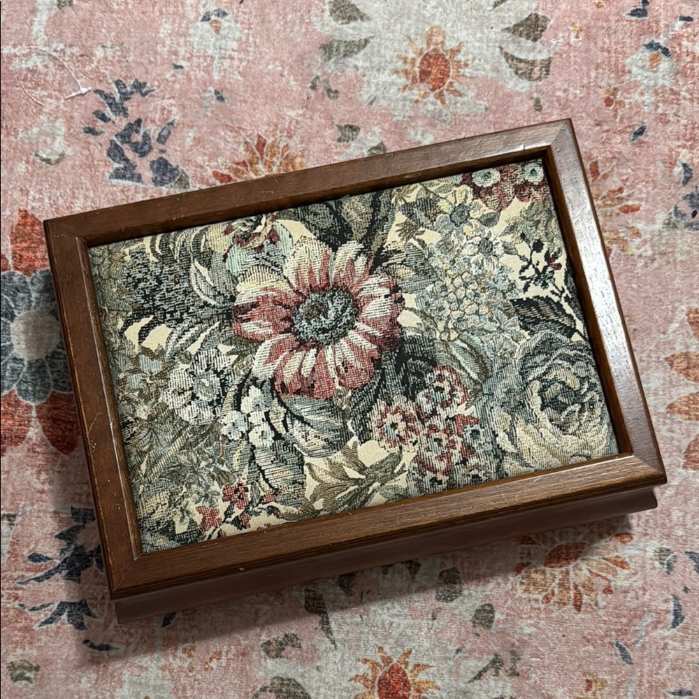 Vintage Floral Tapestry Wooden Jewelry Box